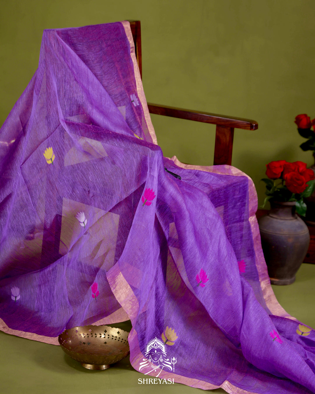 Handloom Silk Linen Jamdani Saree with Tissue Paithani Pallu