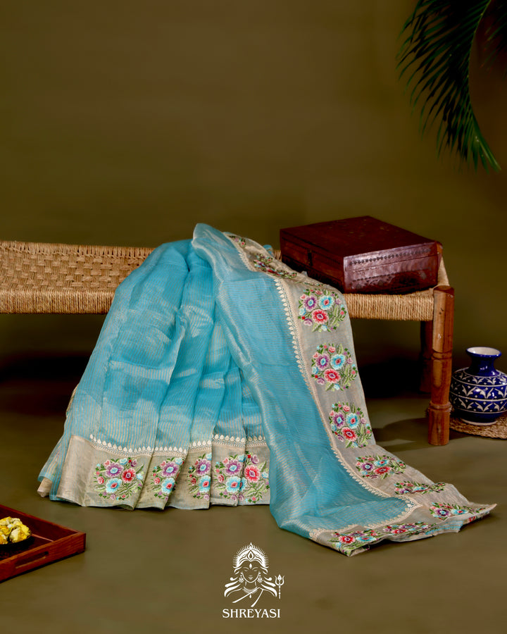 Handloom Banarasi Tissue Stripe Silk Saree with Satin Stitch Floral Embroidered Borders