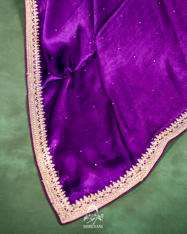 Pure Crepe Satin Saree with Embroidered Borders and Fully Embroidered Blouse