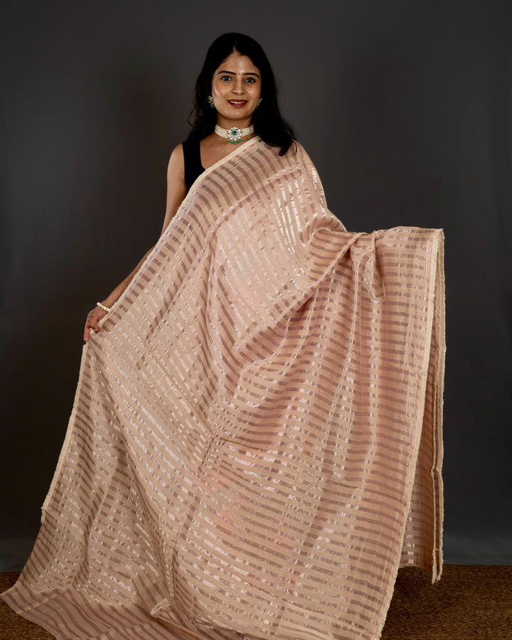 Handloom Pure Chanderi Silk Saree in Champagne Blush with Silver Zari Stripes and Embroidered Floral Blouse