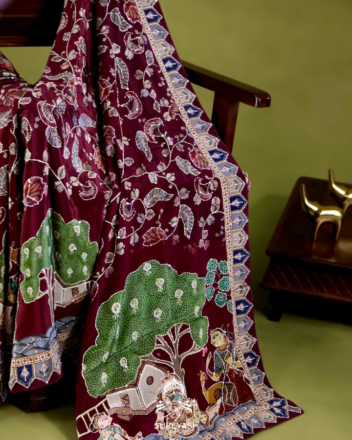Pure Crepe Silk Saree with Kantha Embroidery