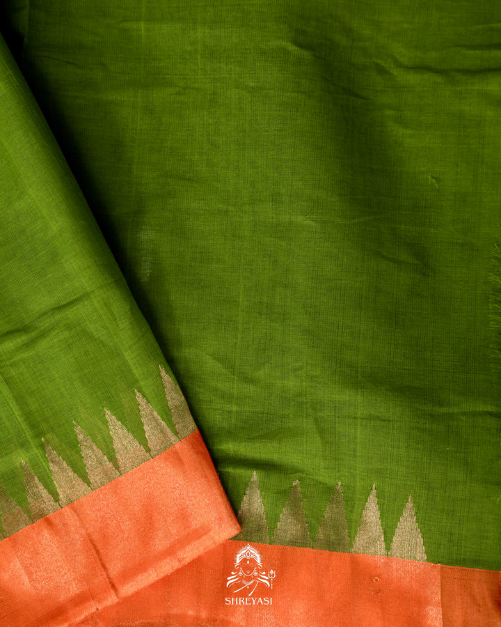 Handwoven Pure Ponduru Khadi Jamdani Saree in Fresh Leaf Green with Woven Floral & Bird Pallu