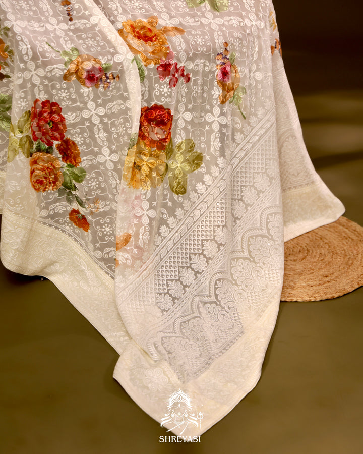 Georgette floral saree with chikankari embroidery