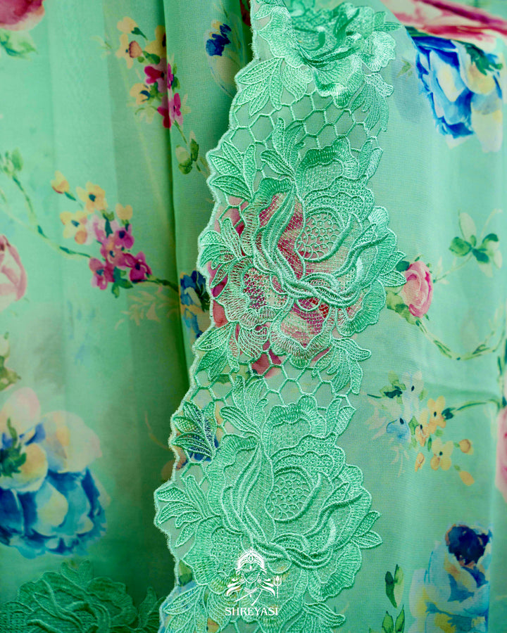 Pure Georgette Floral Saree with Chantilly Lace Embroidery Border