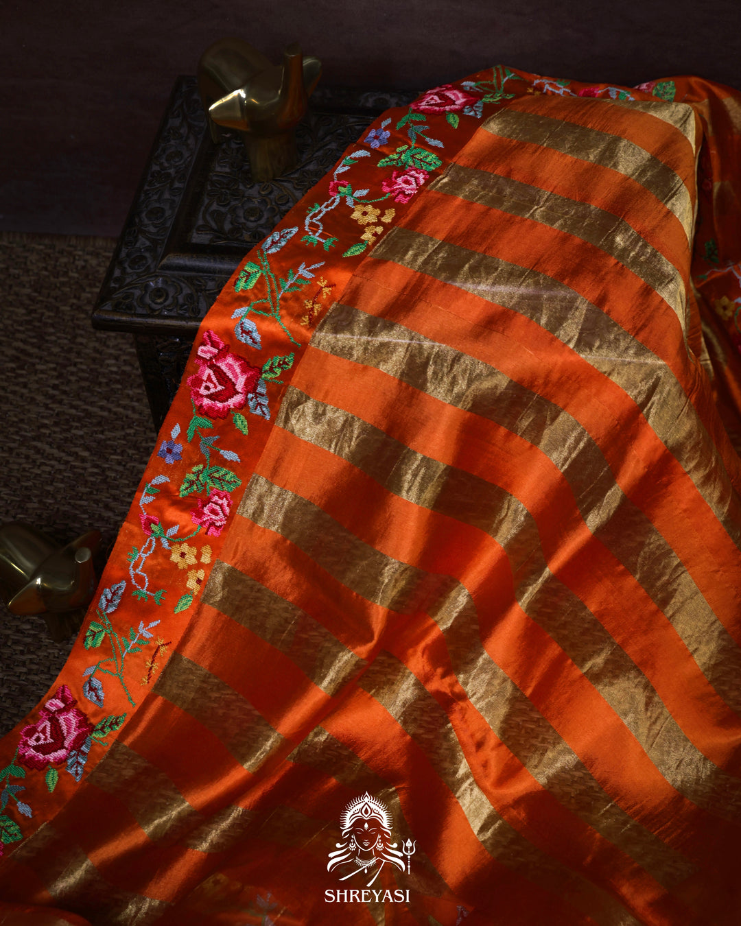 Handloom Pure Banarasi Tissue Stripes Saree with Petit Point Embroidered Borders