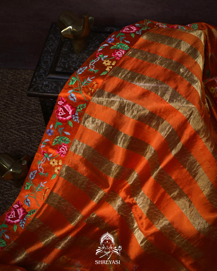 Handloom Pure Banarasi Tissue Stripes Saree with Petit Point Embroidered Borders