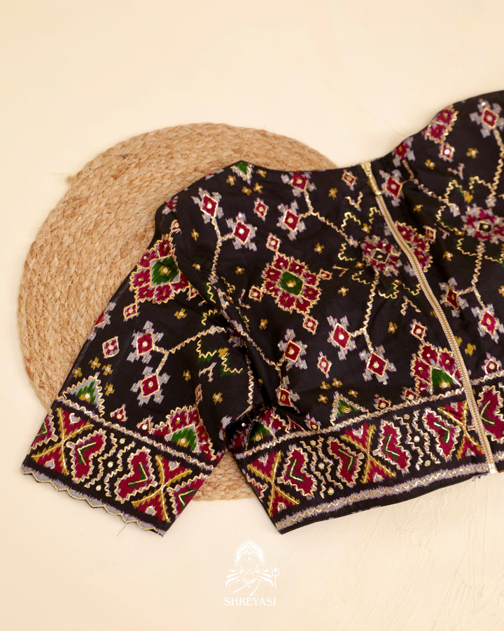 Rajkot Patola single ikat silk blouse with geometric motifs and pita embroidery