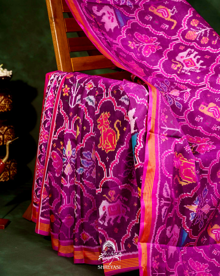 Handloom Rajkot Patola Silk Saree in Purple with Multicolor Ikat