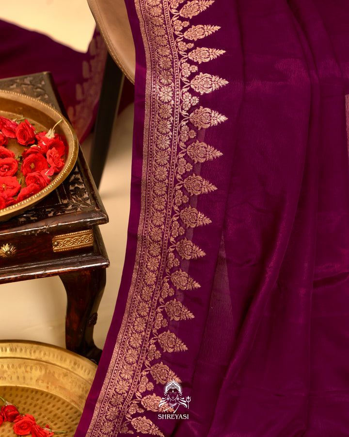 Banarasi Crepe Silk Saree with Floral Embroidered Blouse