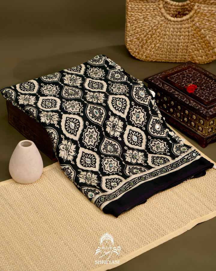 Ajrakh Hand Block Printed Pure Modal Silk Saree With Mirror Work