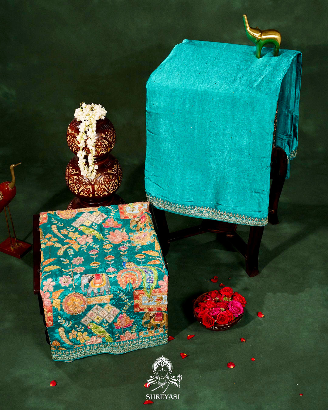 Pure Crepe Satin Saree with Embroidered Borders and Fully Embroidered Blouse