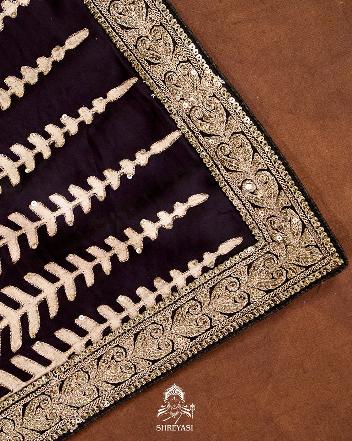 Handloom Pure Modal Silk Ajrakh Hand Block Printed Saree with Natural Dyes, All Over Aari Embroidery & Embroidered Borders