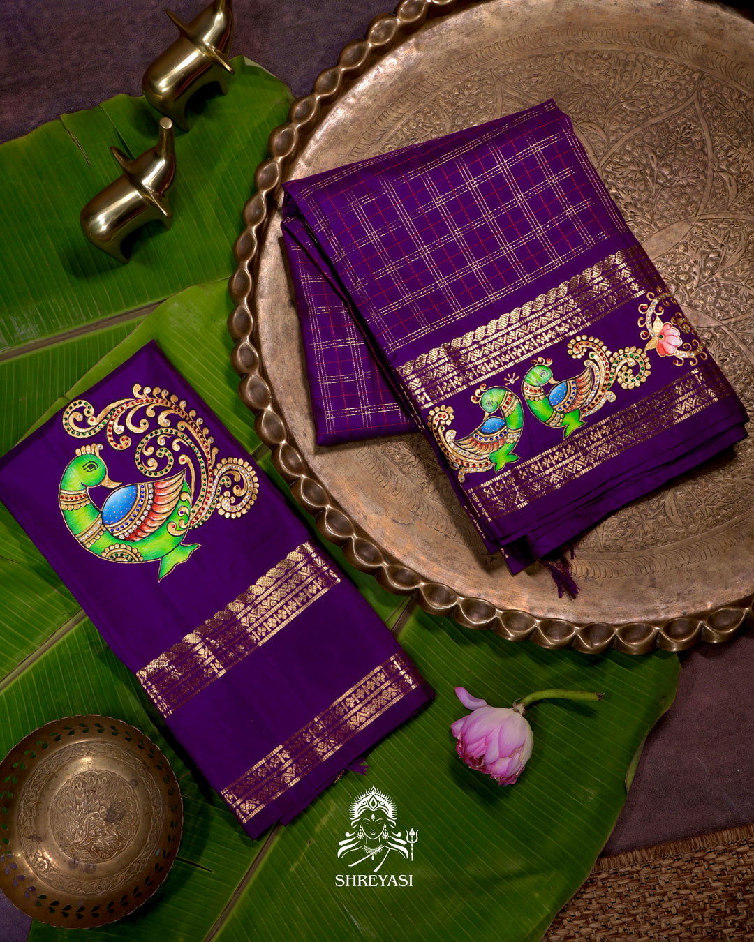 Handloom Pure Kanjivaram Silk Saree in Real Zari with Tanjore Mayil and Kamalam Artwork