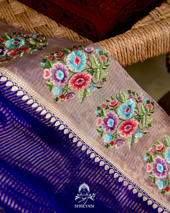 Handloom Banarasi Tissue Stripe Silk Saree with Satin Stitch Floral Embroidered Borders