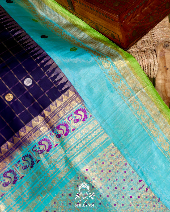 Handloom Pure Gadwal Silk Saree in Royal Blue with Aqua Tissue Borders