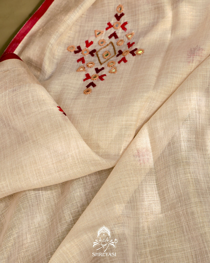 Bengal Linen Tissue Saree with Kathiyawadi Mirror Embroidery