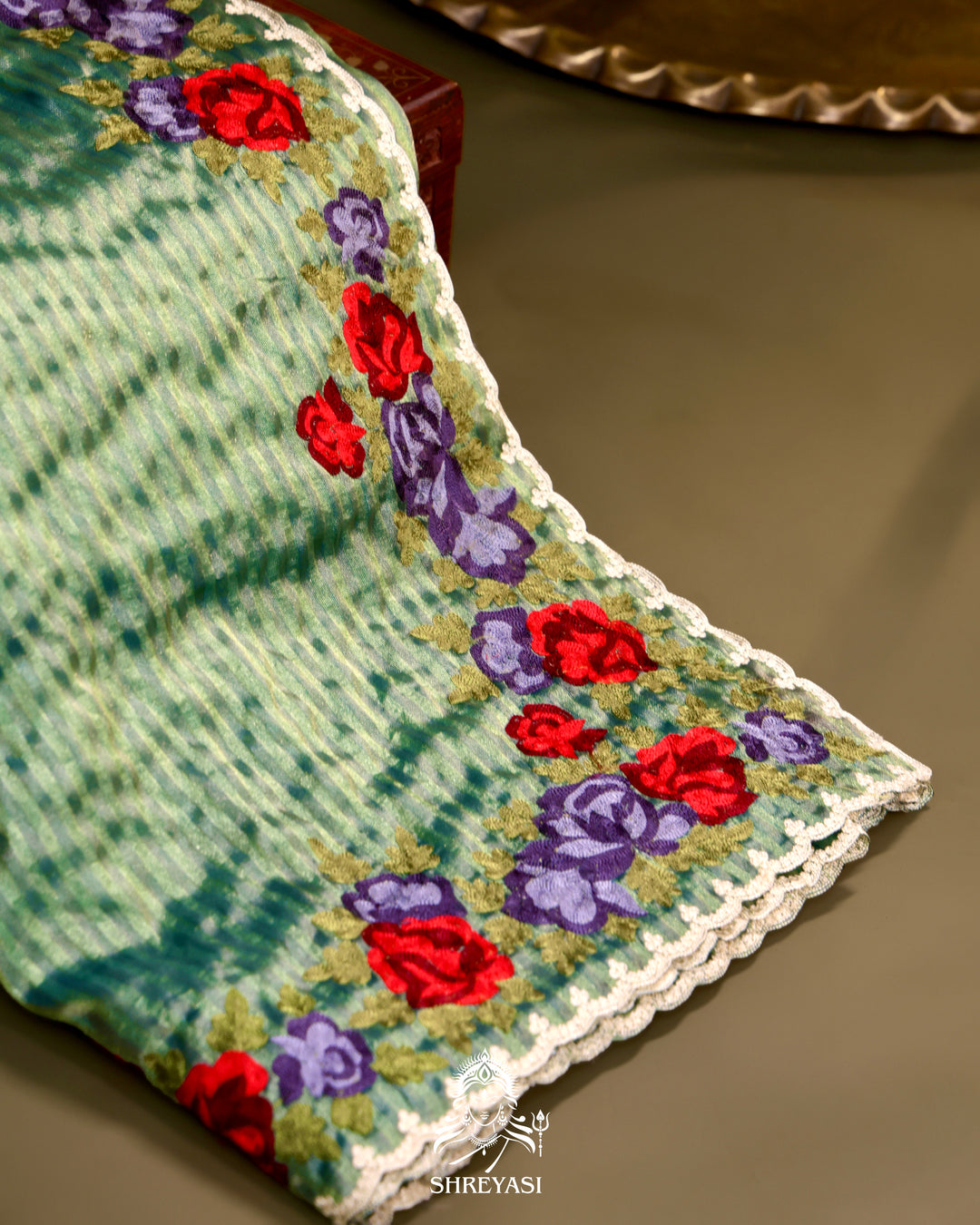 Chanderi Tissue Saree with Pita & Thread Floral Embroidery