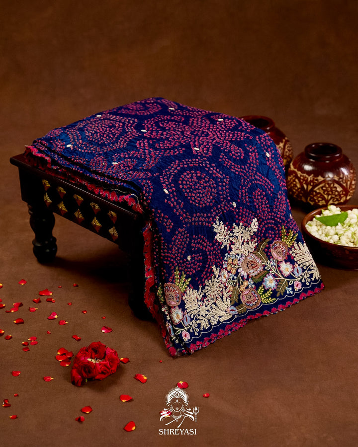 Handloom Pure Gaji Silk Bandhej Saree with Floral Embroidery