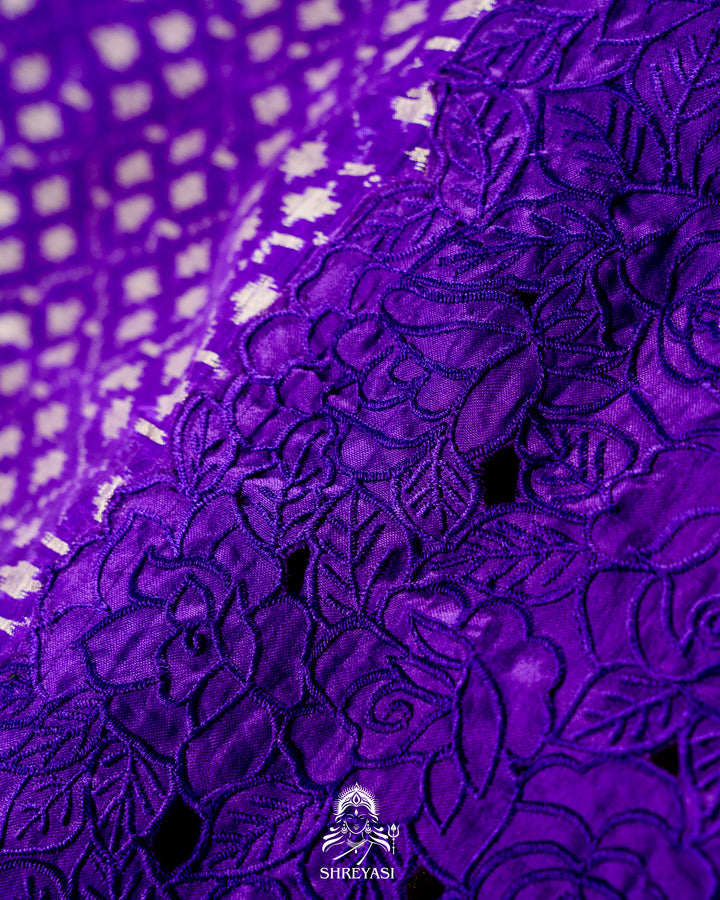 Handloom Pure Patola Silk Saree with Scalloped Floral Appliqué Embroidered Borders