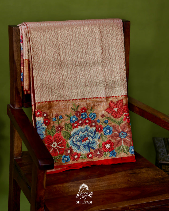 Handloom Pure Kanjivaram Tissue Silk Saree with Petit Point Embroidered Borders