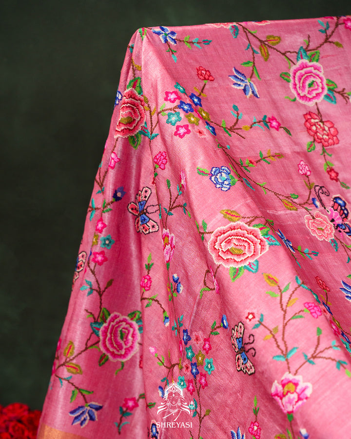 Handloom Pure Desi Tussar Silk Saree with Petit Point Embroidery