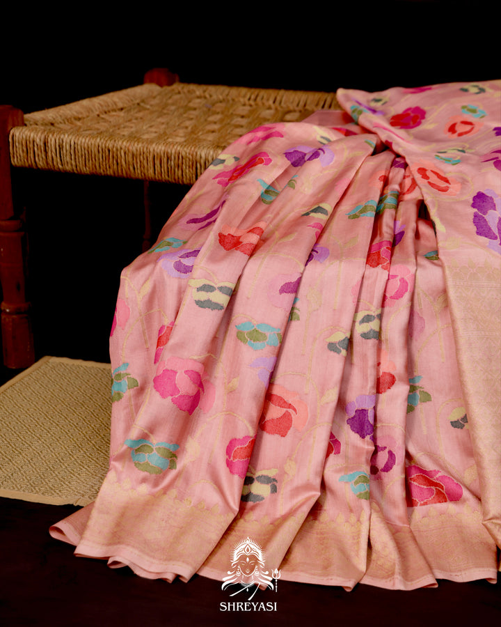 Banarasi Ektara silk saree with kadhwa meenakari weaving and all-over jamdani-inspired floral motifs