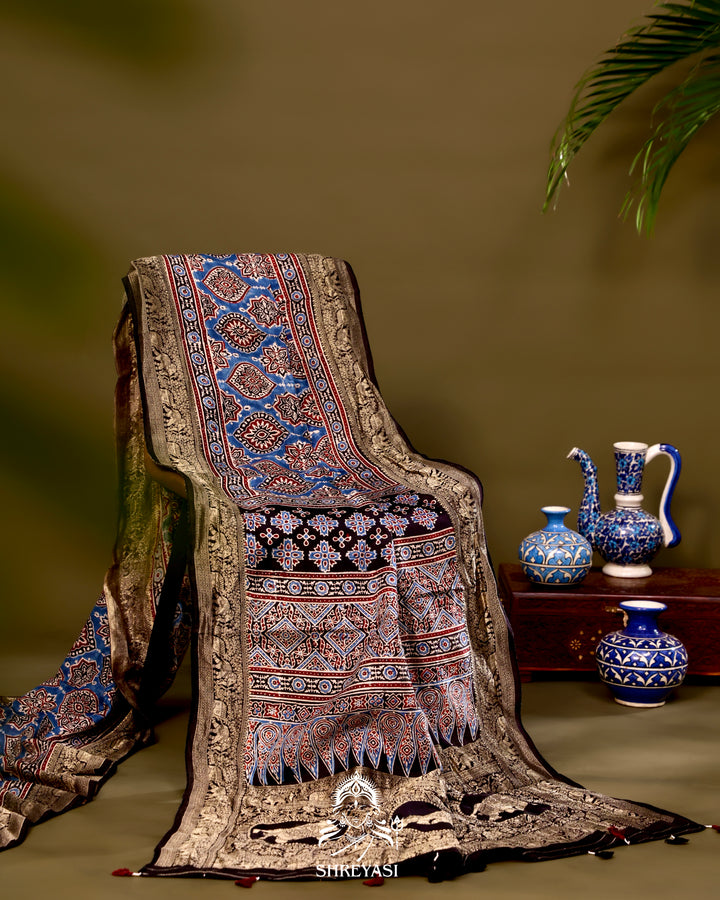 Hand Block Printed Ajrakh Dola Silk Saree with Zari Brocade Blouse