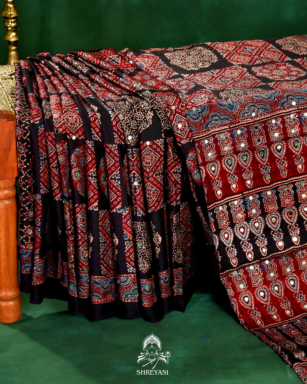 Mirror Work Pure Modal Silk Ajrakh Hand Block Printed Saree | Naturally Dyed Artisan Collection