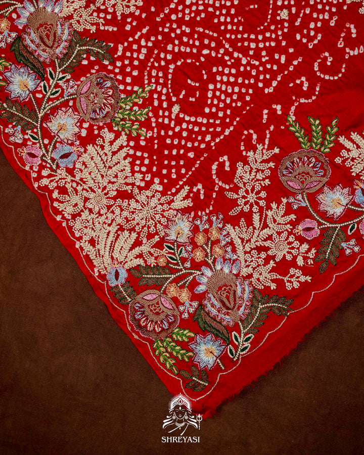 Handloom Pure Gaji Silk Bandhej Saree with Floral Embroidery in Scarlet Red