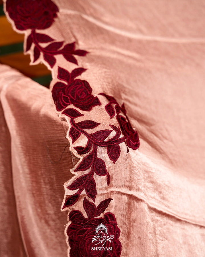 Pure Satin Silk Saree with Contrast Appliqué Borders