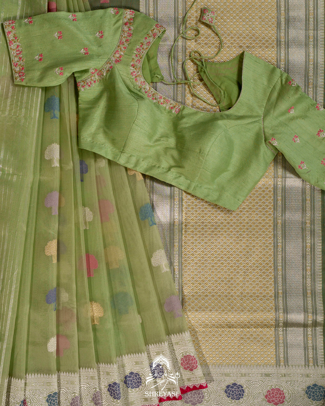 Handloom Pure Banarasi Ektara Kora Silk Saree with Meenakari Weaving & Embroidered Blouse