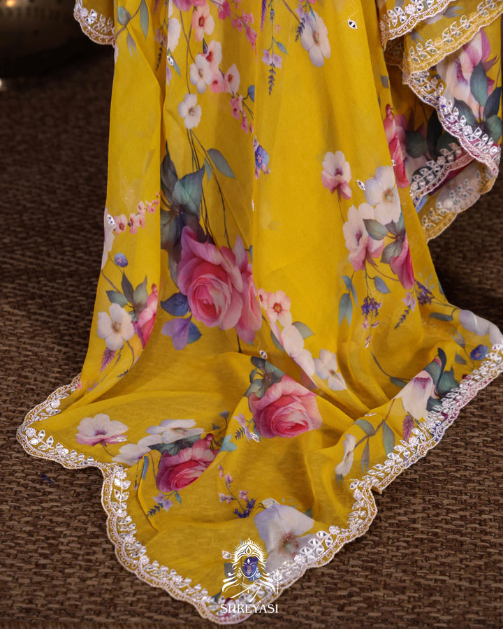 Floral Georgette Saree with Mirror Work Embroidery