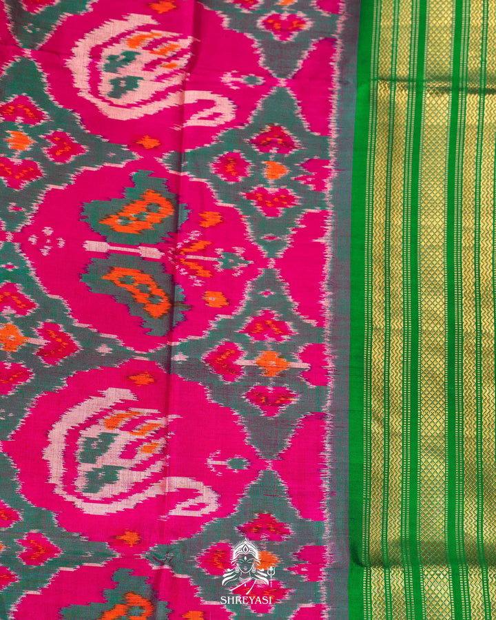 Pink & Green Handloom Pure Pochampally Silk Saree with Kanchi Borders
