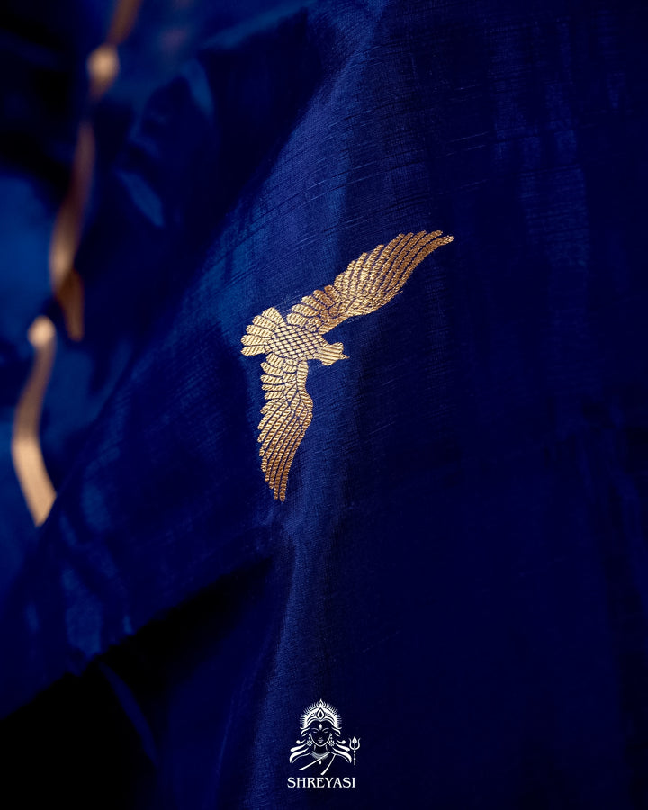 Handloom Pure Chanderi Pattu Silk Saree in Cobalt Blue with Bird Motifs