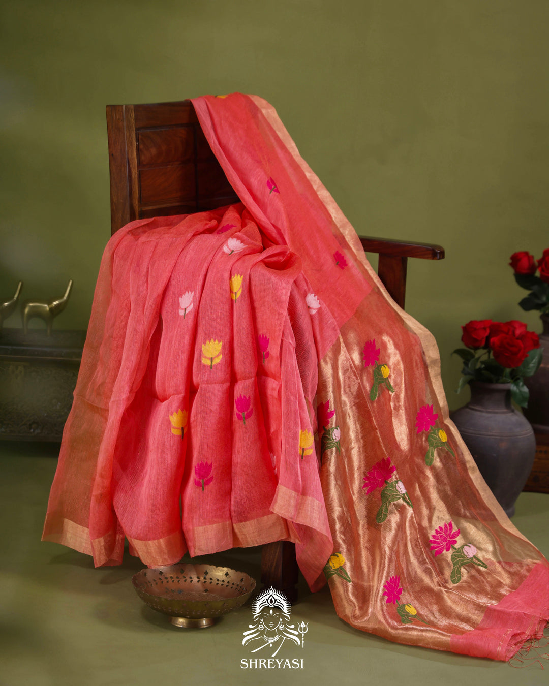 Handloom Silk Linen Jamdani Saree with Tissue Paithani Pallu