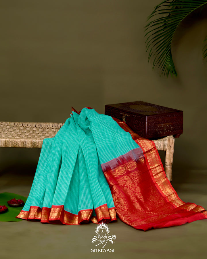 Handloom Pure Gadwal Cotton Saree with Contrast Silk Border and Zari Pallu