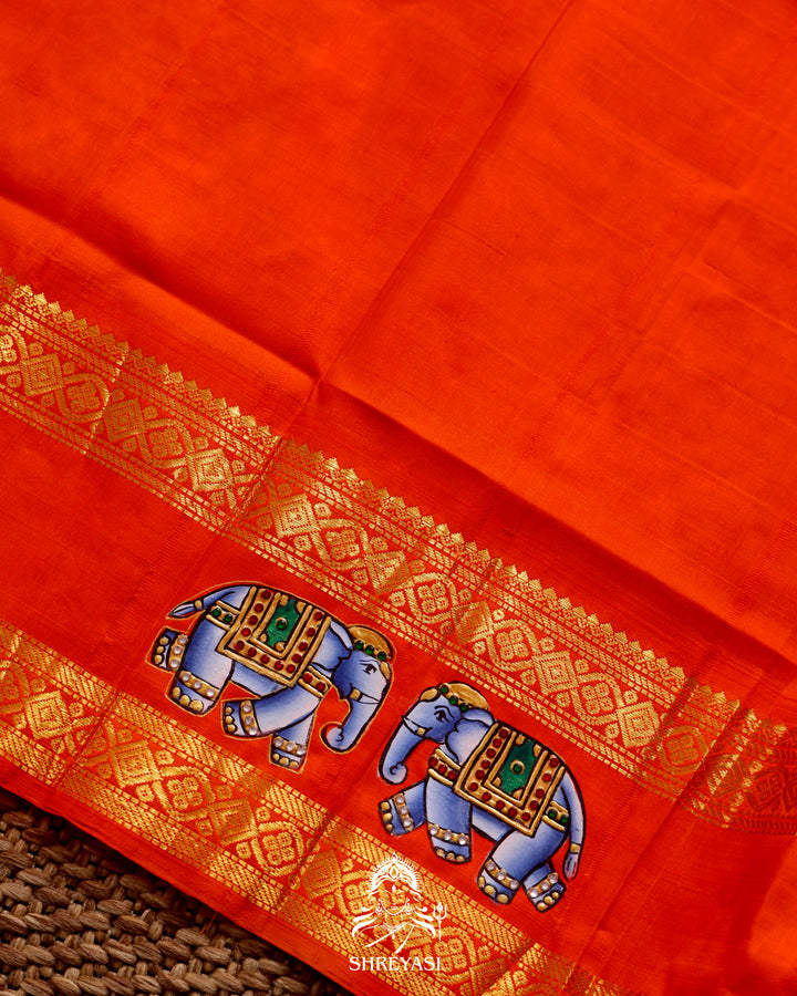 Handloom Pure Kanjivaram Silk Saree in Real Zari with Tanjore Yanai, Manga and Kamalam Artwork