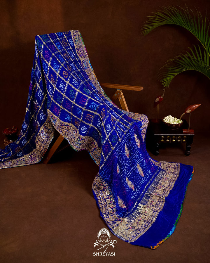 Handloom Pure Gaji Silk Gharchola Bandhej Saree with Multicolor Bandhani, Multicolor Pallu & Handcrafted Gota Patti Borders