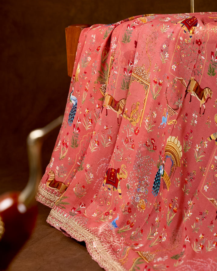 Mughal Garden Print Crepe Chinon Saree with Embroidered Border