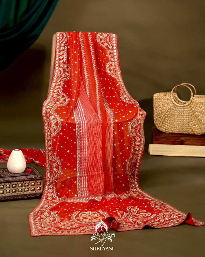 Georgette Cocktail Saree with Mukaish and Zardozi Mirror Embroidery