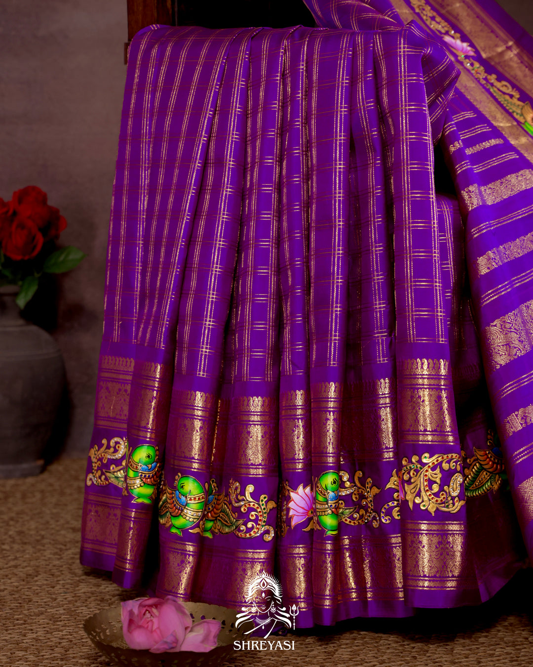 Handloom Pure Kanjivaram Silk Saree in Real Zari with Tanjore Kili and Kamalam Artwork
