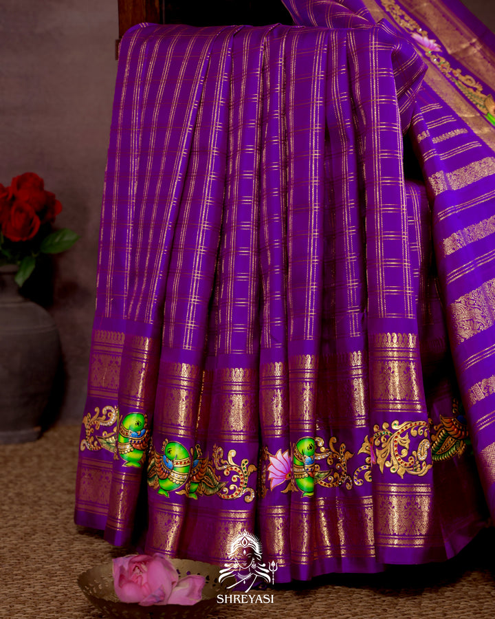 Handloom Pure Kanjivaram Silk Saree in Real Zari with Tanjore Kili and Kamalam Artwork