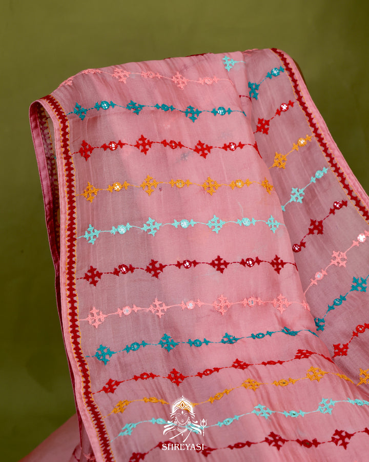 Pure Organza Silk Saree with Hand Embroidered Kutchi Shisha Mirror Work