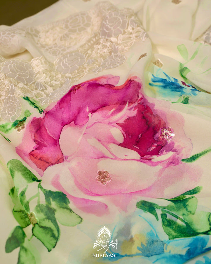 Floral Georgette Saree with Sequin Embroidery and Chantilly Lace Borders