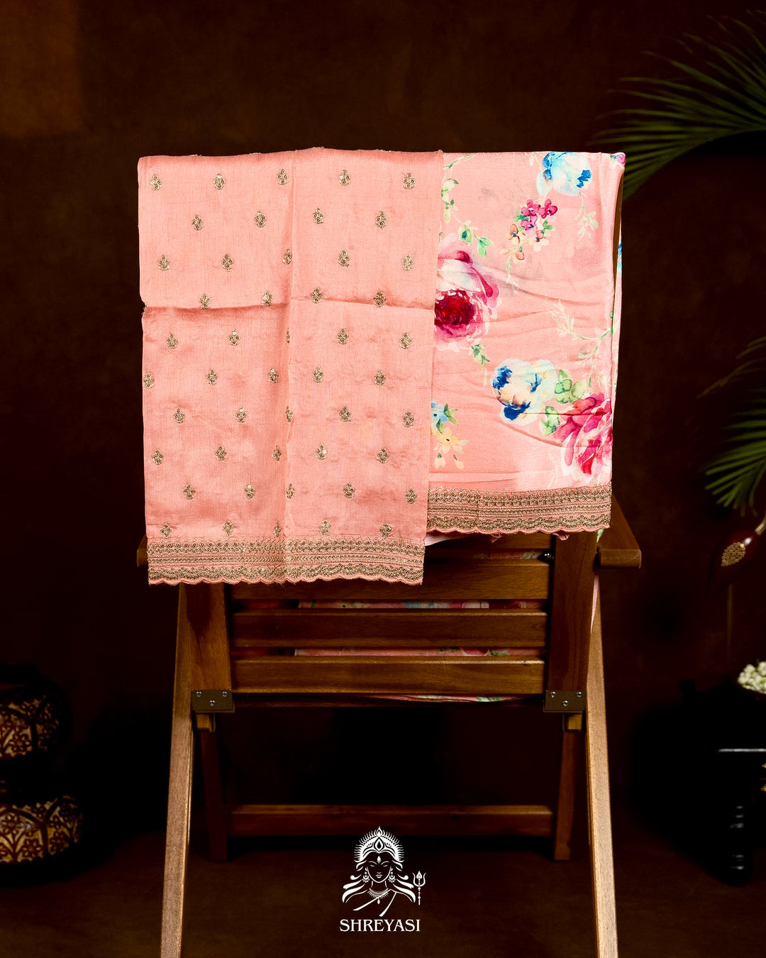 Pure Chinon Satin Saree with Floral Print & Embroidered Scallop Borders
