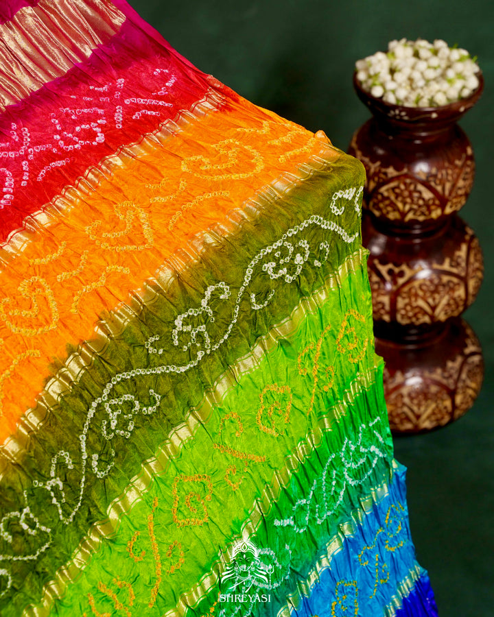Handloom Pure Bandhani Gaji Silk Saree with Hand-Knotted Bandhej and Multicolored Bandhani Pallu