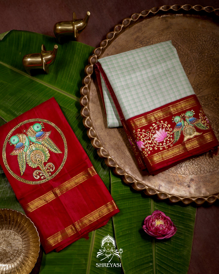 Handloom Pure Kanjivaram Silk Saree in Real Zari with Tanjore Kili and Kamalam Artwork