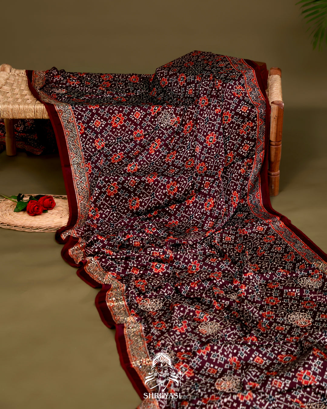 Pure Modal Silk Ajrakh Saree with Swarovski Crystal Embroidery