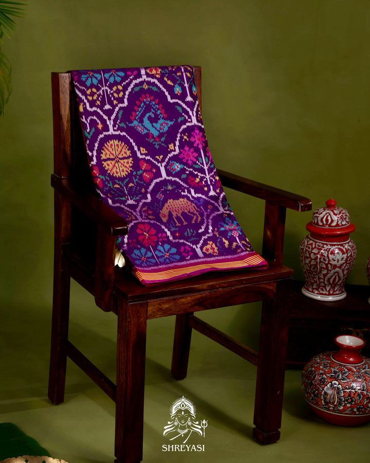 Handloom Rajkot Patola Silk Saree in Deep Violet with Multicolor Ikat