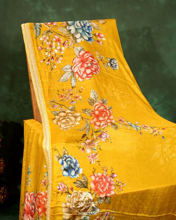 Floral Crepe Chiffon Saree with Embroidered Borders
